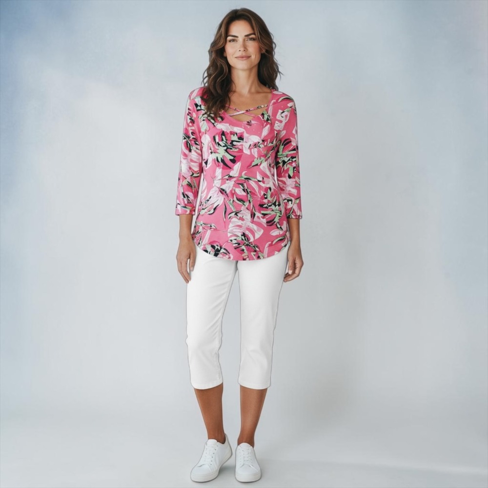Palm Grove Pink Tropical Leaf Print Lattice Neck Rhinestone Top Coastal Chic‎